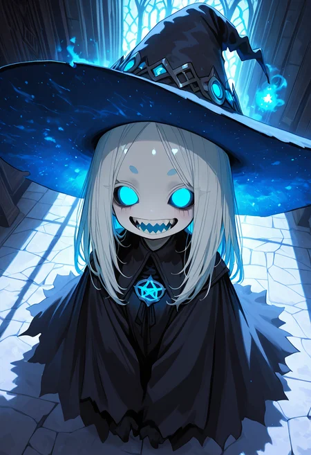 <lora:Lora\fantasy_anime_style-000003:1> masterpiece, best quality, amazing quality, very aesthetic, absurdres, newest, (Perfect details),(****), solo, from above, white skin, pale skin, no eyebrows, no nose, monster, witch, witch hat, upper body, semicircular eyes, no pupils, glowing blue eyes, huge smile, huge teeth, glowing blue teeth, half-turned to the viewer, , dynamic poses, fantasy anime style, anime artwork, official art, highly detailed, vibrant colors, magical atmosphere, digital painting, ethereal glow, soft shadows, cinematic lighting