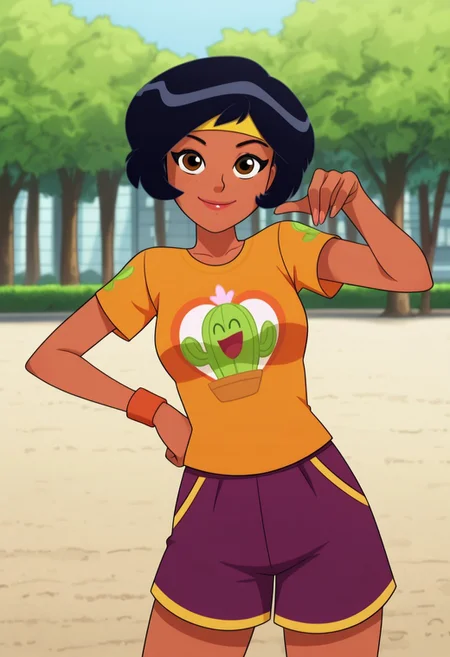 masterpiece, best quality, good quality, 1girl, solo, cartoon, totally_spies_2k24, alex, black hair, brown eyes, dark-skinned female, yellow headband, orange wristband, yellow t-shirt, purple shorts, cactu5 print, sexy, medium breasts, beautiful, detailed, high detailed, very beautiful, detailed face, detailed eyes, detailed hand, fingernails, outdoors, park, smile, posing, pose, looking at viewer, face focus
