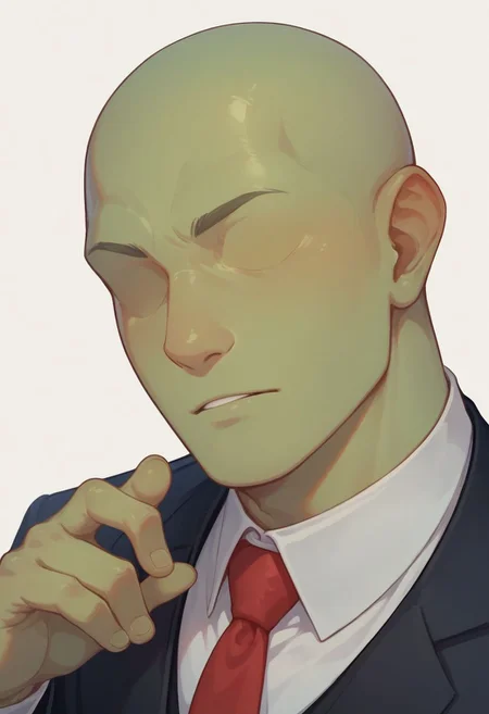 score_9, score_8_up, score_8,
1boy, solo, green skin, no eyes, no eyebrows, bald, black business suit, white under shirt, red tie, black suit pants, average body, close up, portrait shot, white background