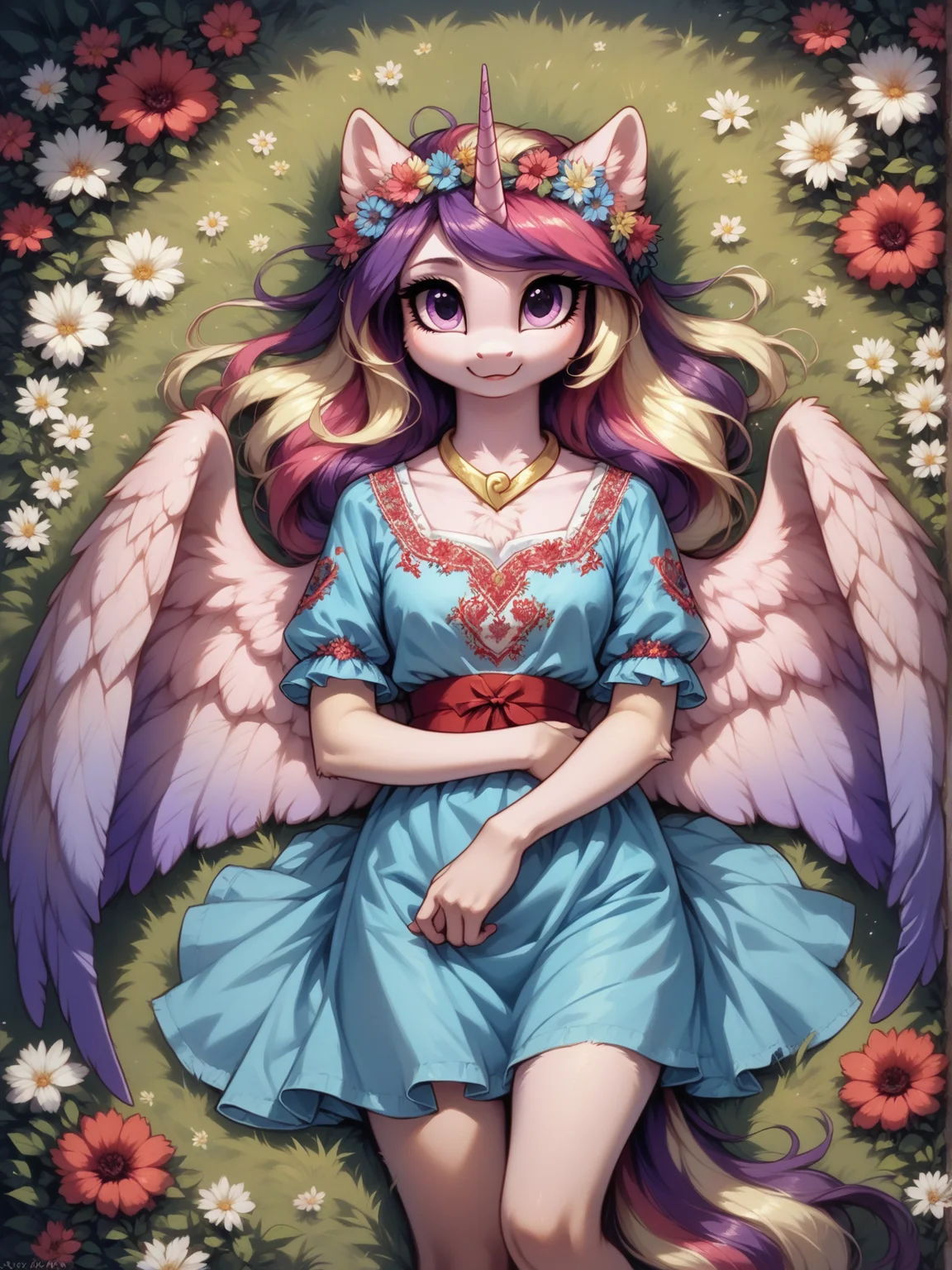 score_9, score_8_up, score_7_up, score_6_up, (realistic illustration:1.2), 1girl, solo, (Princess Cadance:1.2) \(mlp\), (anthro pony:1.1), tail, medium breast, blue dress, red belt, cute, (flower crown:1.2), unicorn horn, (big feathered wings:1.1),
cowboy shot, lying on flower meadow, on back, arms spread, top view, spring, outside,
<lora:Ukrainian_embroidered_shirt:1> Vyshyvanka, Ukrainian embroidered shirt, embroidered shirt, <lora:Anime Summer Days 2 Style SDXL_LoRA_Pony Diffusion V6 XL:0.5> <lora:Realistic000003_1_2.5DAnime_0.05_Merge1:0.5> <lora:MegaFluffyPony:0.5> MegaFluffyPony, furry, fluffy