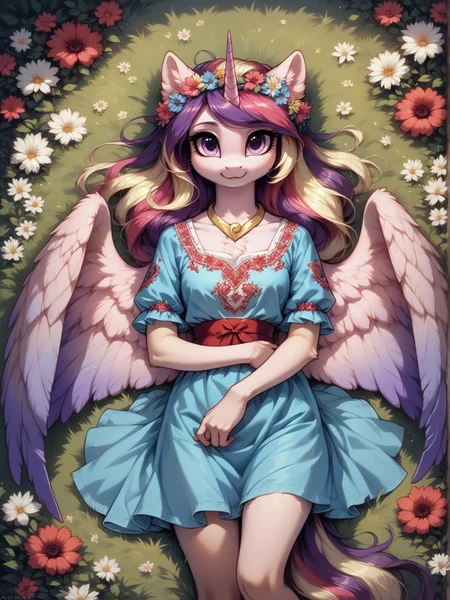 score_9, score_8_up, score_7_up, score_6_up, (realistic illustration:1.2),  1girl, solo, (Princess Cadance:1.2) \(mlp\), (anthro pony:1.1), tail, medium breast, blue dress, red belt, cute, (flower crown:1.2), unicorn horn, (big feathered wings:1.1),
cowboy shot, lying on flower meadow, on back, arms spread, top view, spring, outside,
<lora:Ukrainian_embroidered_shirt:1> Vyshyvanka, Ukrainian embroidered shirt, embroidered shirt, <lora:Anime Summer Days 2 Style SDXL_LoRA_Pony Diffusion V6 XL:0.5> <lora:Realistic000003_1_2.5DAnime_0.05_Merge1:0.5>  <lora:MegaFluffyPony:0.5> MegaFluffyPony, furry, fluffy
