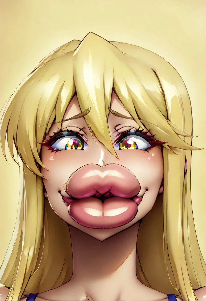very high resolution, highres, absurd res, high rating, masterpiece, best quality, thick girl, blonde hair, gigantic breast, gigantic thighs, gigantic hips, smiling, enormous lips, bimbo lips, close up, very long hair, very large hair, OverallDetail, shizuka marikawa, long hair, blonde hair, very long hair, low-tied long hair, yellow eyes, hair between eyes,