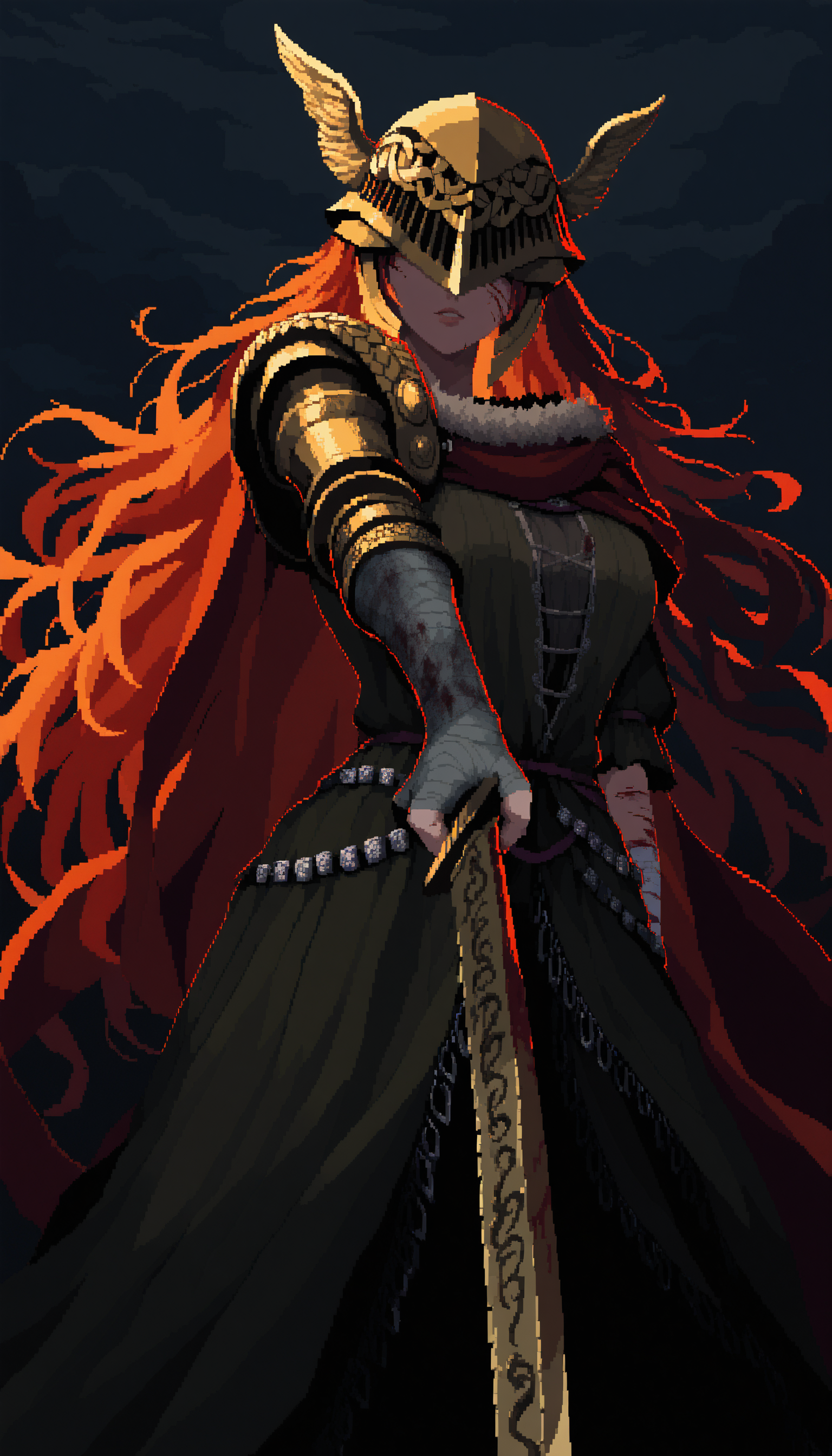 pixel art,
1girl, elden ring, malenia blade of miquella, red hair, visor \(armor\), shoulder armor, solo, bandaged arm, blood on arm, blood on bandages, extremely long hair, bandaged hand, cuts, dark clouds, dark, drawing sword, foreshortening, cinders, 
masterpiece, best quality, very awa, absurdres
<lora:noobai_epred_11_pixel_art_v1:1>