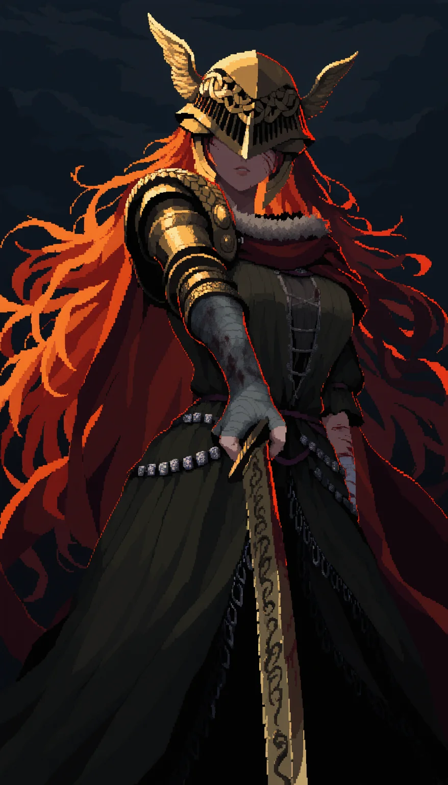 pixel art,
1girl, elden ring, malenia blade of miquella, red hair, visor \(armor\), shoulder armor, solo, bandaged arm, blood on arm, blood on bandages, extremely long hair, bandaged hand, cuts, dark clouds, dark, drawing sword, foreshortening, cinders,
masterpiece, best quality, very awa, absurdres
<lora:noobai_epred_11_pixel_art_v1:1>