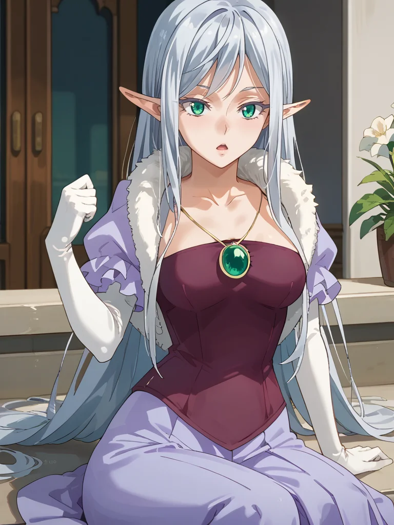 score_9, score_8_up, score_7_up, score_6_up, score_5_up, score_4_up, source_anime, <lora:StS_PonyXL_Detail_Slider_v1.4_iteration_3:3>,cinematic shadow, character focus, detailed skins, soft skins, (cowboy shot:1.4), perfect curvy medium breasts,dynamic pose, <lora:Elmesia_El-Ru_Sarion:1>,elmesia, pointy ears,aqua eyes, bangs,long silver hair,elmesiadress,collarbone, jewelry,necklace,fur trim, white elbow gloves,puffy short sleeves, frills,maroon corset, long purple skirt,fur scarf, sitting on knees, begging, hands up,