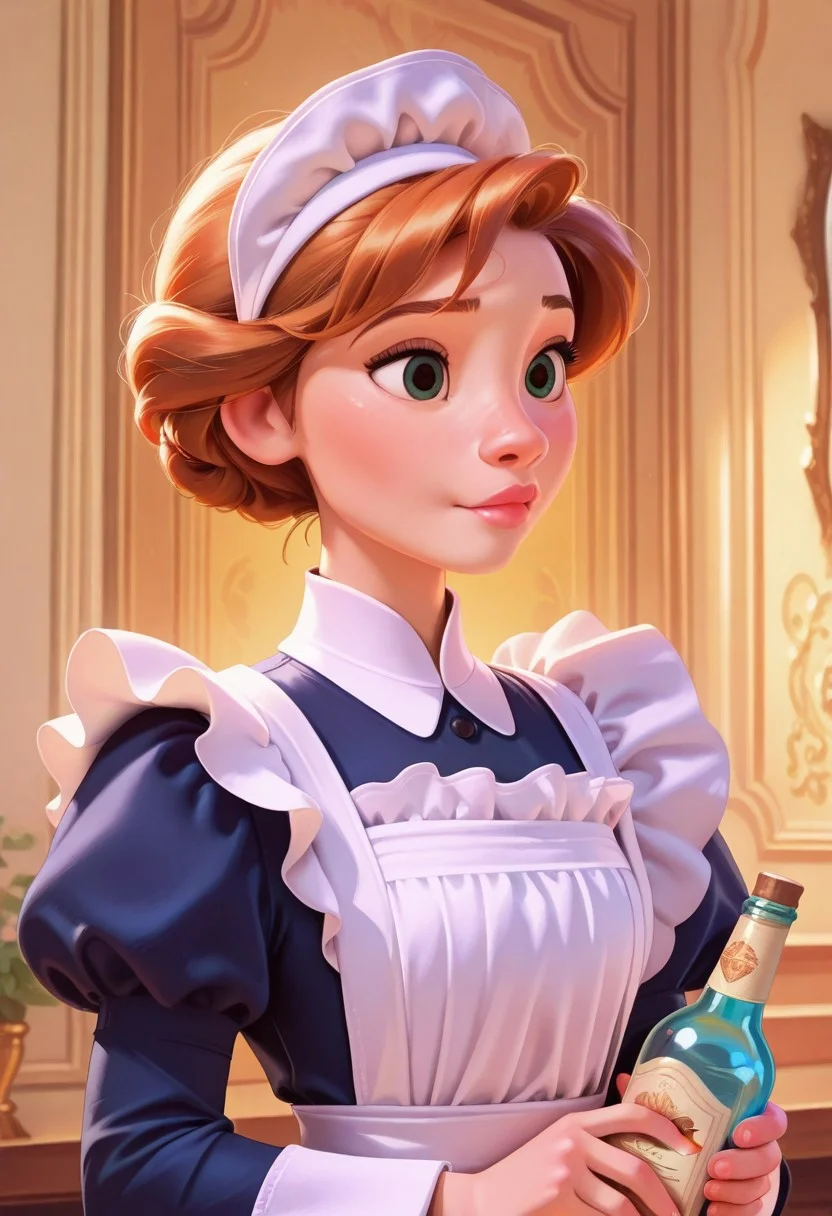 masterpiece, best quality, DisneyStudioXL, nose, lips, cartoon, cinematic, 1girl, solo, maid, holding bottle, ballroom