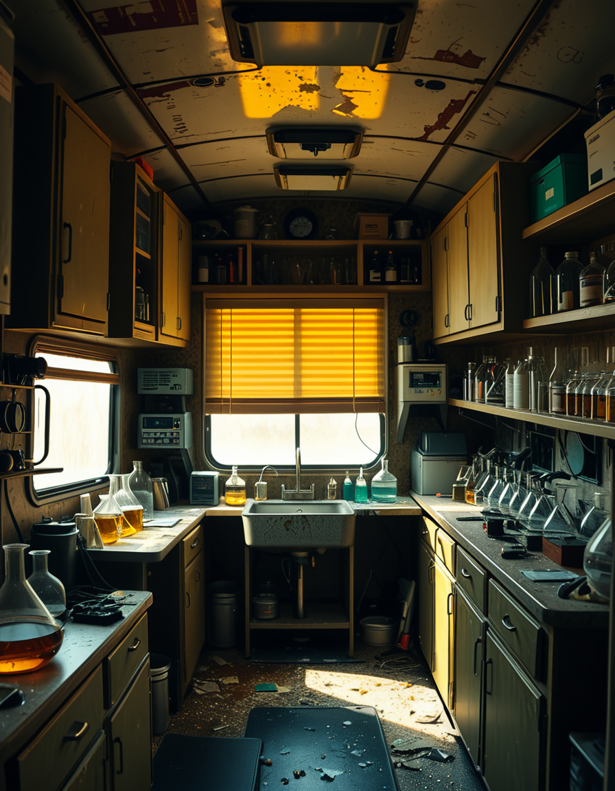 The interior of an old RV converted into a clandestine drug laboratory, inspired by the TV series Breaking Bad. The space is cramped and messy, filled with scientific equipment, glass beakers, flasks, burners, chemical containers, and lab tools scattered around. The walls are aged and stained, with peeling wallpaper and old metallic cabinets. A small sink area is cluttered with dirty lab glassware. The lighting is dim and tinted yellow, with sunlight barely filtering through dusty blinds. The floor is grimy, with a mix of rubber mats and worn carpet. The overall atmosphere is tense and gritty, capturing a sense of secrecy and danger. Hyper-realistic style, cinematic composition, rich in textures and shadows.
<lora:SDXLFaeTastic2400:0.4> <lora:extremely_detailed:0.4> extremely detailed,<lora:old_RV_drug_l4b0r4t0ry:1>,old RV drug l4b0r4t0ry, Masterpiece,best quality,hi res,8k,hi res,8k,award winning,(sharp focus, intricate, highly detailed),