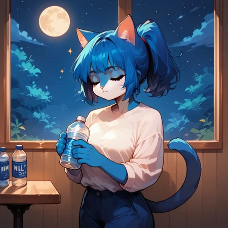 blue Anthro cat, Audr3yC4t, hands, score_9, score_8_up, score_7_up, source_anime, Drinking water bottle, sleepy, eyes closed, Window, night, moon, Straight on, full shot,