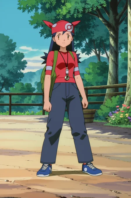 score_9, score_8_up, score_7_up, 1girl, solo, source_anime, anime_screencap, pkmLisa, red bandana, brown eyes, red shirt, <lora:pkmLisa:1>  standing, full body,