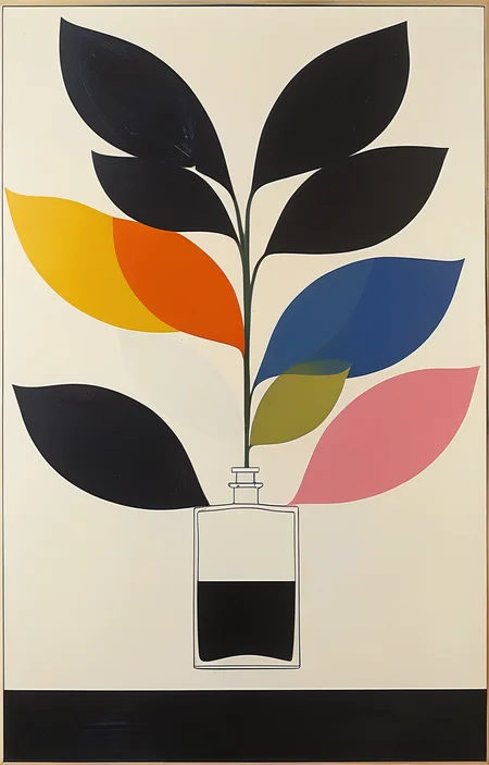 masterpiece,best quality,<lora:tbh288-sdxl:0.9>,illustration,style of Ellsworth Kelly A bottle of perfume in garden
