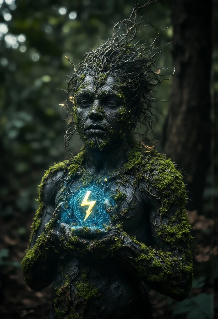 ((aidmaimageupgrader, aidmaMJ6.1)), A hyper-realistic close-up of a person standing in a dense forest, their skin resembling textured bark, with soft, glowing moss growing along their arms and neck. Their hair flows upward, transforming into delicate, bioluminescent vines that gently curve into the air. In one hand, they hold a small, holographic sign with a glowing blue and yellow thunderbolt symbol pulsing softly. The forest around them is bathed in soft moonlight, with ethereal, glowing insects fluttering nearby. The atmosphere is tranquil, with the subtle glow of the person’s moss-covered skin and the floating sign casting a faint light on the surrounding trees.