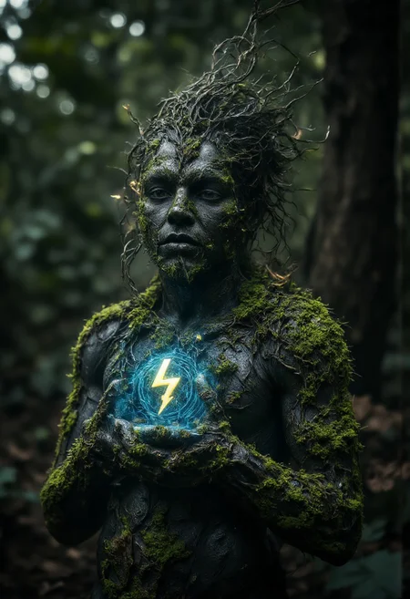 ((aidmaimageupgrader, aidmaMJ6.1)), A hyper-realistic close-up of a person standing in a dense forest, their skin resembling textured bark, with soft, glowing moss growing along their arms and neck. Their hair flows upward, transforming into delicate, bioluminescent vines that gently curve into the air. In one hand, they hold a small, holographic sign with a glowing blue and yellow thunderbolt symbol pulsing softly. The forest around them is bathed in soft moonlight, with ethereal, glowing insects fluttering nearby. The atmosphere is tranquil, with the subtle glow of the person’s moss-covered skin and the floating sign casting a faint light on the surrounding trees.