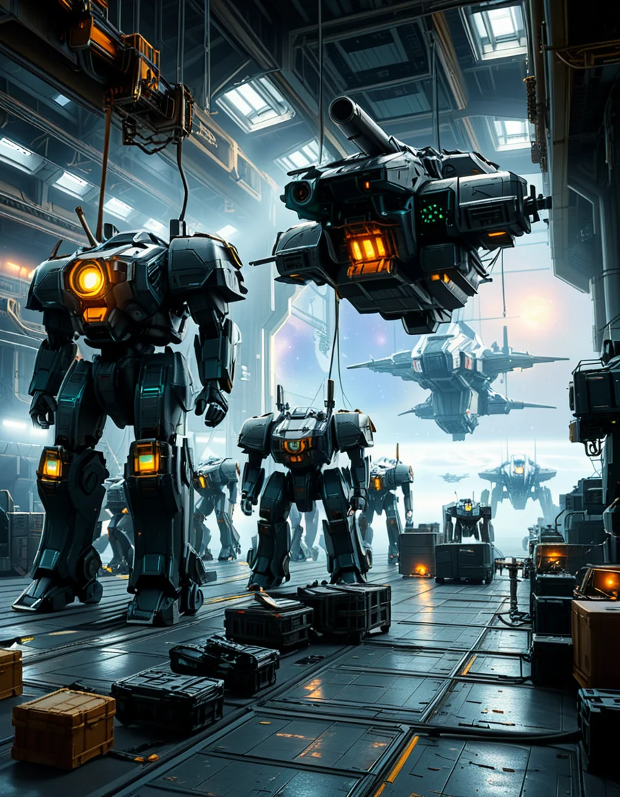 A massive, futuristic spaceship hangar filled with towering battle mechs undergoing maintenance. The hangar is dimly lit, with industrial lighting casting a cold, bluish glow over the metallic surfaces. The high ceiling is lined with steel support beams, catwalks, and suspended cranes used for repairing the massive war machines. The walls are adorned with warning signs, control panels, and illuminated holographic displays providing diagnostic data on the mechs. In the foreground, a colossal mech stands on a heavy-duty platform, its armored plating showing signs of battle damage, with exposed mechanical parts being worked on by robotic arms. The ground is marked with yellow hazard lines and scattered with tools, power cables, and spare parts. Steam rises from various vents, adding to the gritty, industrial feel. In the background, more mechs are stationed in docking bays, with their weapons and mechanical limbs being adjusted by automated repair systems. A large open bay door at the far end reveals the vastness of space, with distant stars and a massive planet visible beyond the hangar. The scene is detailed, immersive, and full of high-tech military sci-fi energy.
<lora:SDXLFaeTastic2400:0.4> <lora:extremely_detailed:0.4> extremely detailed,<lora:mechwarriors_spaceship_h4ng4r:1>,mechwarriors spaceship h4ng4r, Masterpiece,best quality,hi res,8k,hi res,8k,award winning,(sharp focus, intricate, highly detailed),