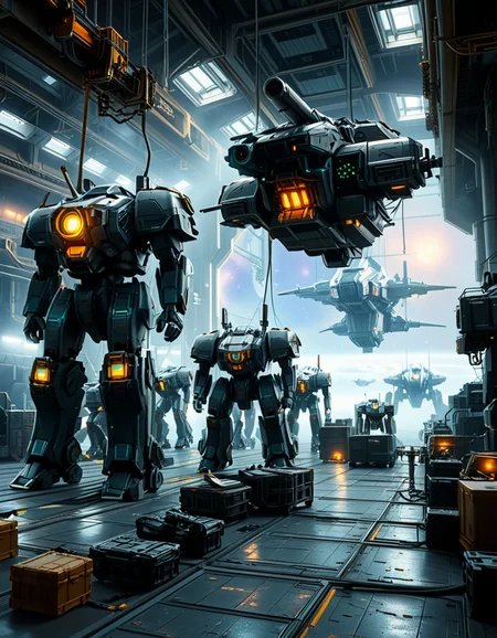 A massive, futuristic spaceship hangar filled with towering battle mechs undergoing maintenance. The hangar is dimly lit, with industrial lighting casting a cold, bluish glow over the metallic surfaces. The high ceiling is lined with steel support beams, catwalks, and suspended cranes used for repairing the massive war machines. The walls are adorned with warning signs, control panels, and illuminated holographic displays providing diagnostic data on the mechs. In the foreground, a colossal mech stands on a heavy-duty platform, its armored plating showing signs of battle damage, with exposed mechanical parts being worked on by robotic arms. The ground is marked with yellow hazard lines and scattered with tools, power cables, and spare parts. Steam rises from various vents, adding to the gritty, industrial feel. In the background, more mechs are stationed in docking bays, with their weapons and mechanical limbs being adjusted by automated repair systems. A large open bay door at the far end reveals the vastness of space, with distant stars and a massive planet visible beyond the hangar. The scene is detailed, immersive, and full of high-tech military sci-fi energy.
<lora:SDXLFaeTastic2400:0.4> <lora:extremely_detailed:0.4> extremely detailed,<lora:mechwarriors_spaceship_h4ng4r:1>,mechwarriors spaceship h4ng4r, Masterpiece,best quality,hi res,8k,hi res,8k,award winning,(sharp focus, intricate, highly detailed),