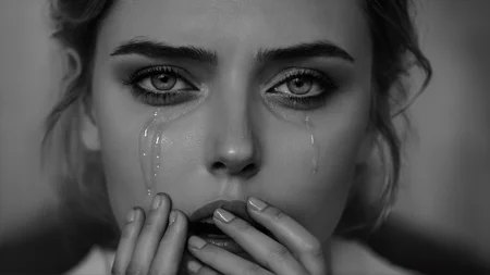 cinematic film still of <lora:crying style:0.8>
<lora:detailed:0.5>
<lora:perfection style:0.5>
a woman with tears on her face is crying.,1girl,solo,looking at viewer,monochrome,greyscale,teeth,tears,lips,eyelashes,crying,portrait,close-up,realistic,eye focus , crying, sad, teary face, tears, crying style, shallow depth of field, vignette, highly detailed, high budget, bokeh, cinemascope, moody, epic, gorgeous, film grain, grainy