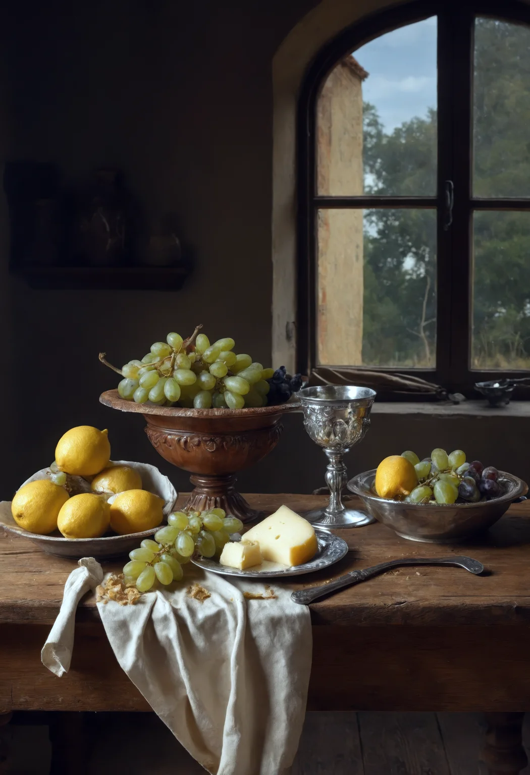 A still life in the style of a 17th-century Dutch master, featuring a sumptuous arrangement of food on a rustic wooden table, partially peeled lemon and a cluster of ripe grapes spill from an earthenware bowl, while a crusty loaf of bread and a wedge of cheese rest nearby, gleaming silver goblet reflects the soft light filtering through a nearby window, casting a warm glow over the scene