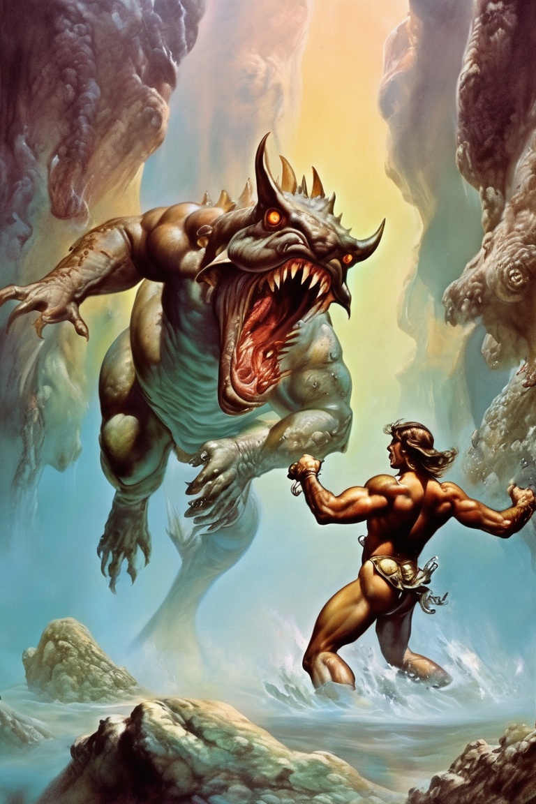 underwater scene of a sea monster attacking a muscular warrior, bubbles, blood, 8 k, intricate, dramatic  <lora:Fantasy_art_XL_V1:0.75> stunning fantasy art by boris vallejo