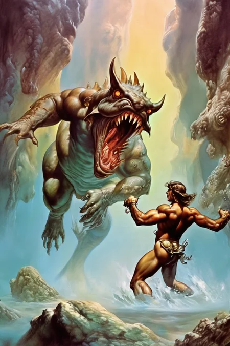 underwater scene of a sea monster attacking a muscular warrior, bubbles, blood, 8 k, intricate, dramatic <lora:Fantasy_art_XL_V1:0.75> stunning fantasy art by boris vallejo