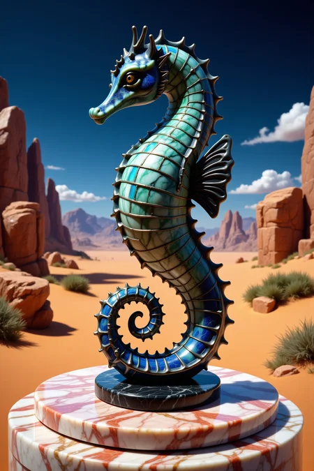 Midjourney dark fantasy style, very detailed statue made out of black granite and marble  of a seahorse in the middle of a desert landscape. (It is standing on circular pink granite platform on a pedestal:1.8)
. The sea horse is in the center of the image, with its body facing towards the left side of the frame. It has a long, slender body with a pointed snout and two large fins on either side. The body is covered in intricate patterns of blue and green tiles, creating a mosaic-like effect. The tiles are arranged in a symmetrical pattern, with some overlapping each other. The background shows a vast expanse of orange and yellow hues, with mountains in the distance. The sky is a deep blue, with a few wispy clouds scattered across it. The overall mood of the illustration is surreal and dreamlike., <lora:flux-marblestyle:1>, <lora:Midjourney dark fantasy style:0.5>