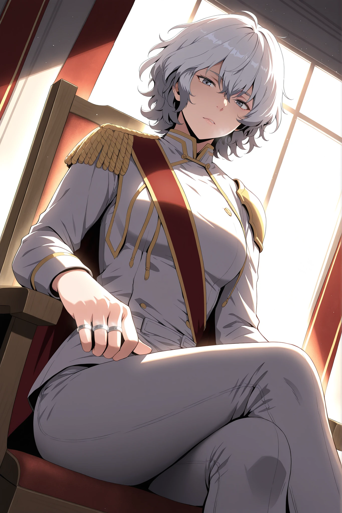 masterpiece, best quality, ultra-detailed, absurdres, newest, mature female,
1girl, solo, varayaurae, white hair, short hair, messy hair, bangs, grey eyes, white military uniform, gold trim, epaulettes, red sash, red cape, white pants, cold face, foreshortening, dutch angle, looking at viewer, straight posture, commanding presence,dynamic pose, rings, sitting on commander chair,  red banner, ambient sunlight through tall windows, soft shadows, noble and poised expression, painterly aesthetic,