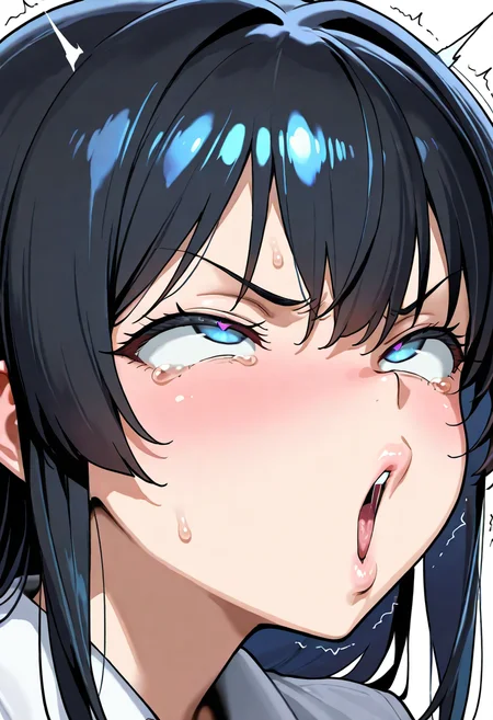 (masterpiece, best quality, amazing quality, very aesthetic, absurdres, newest:1), 1girl ,portrait, black hair, blue eyes, <lora:Ohogao_illustrious_v1:1>, ohogao, puckered lips, trembling, tearing up, v-shaped eyebrows, rolling eyes, open mouth, narrowed eyes