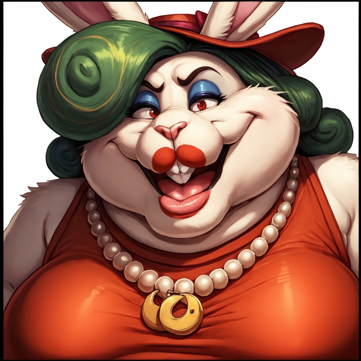 core_9, score_8_up, score_7_up, source_cartoon, source_anime, source_furry,
solo,
female,
furry,
1girl,
furry female,
bunny,
rabbit,
mature,
elderly,
ugly,
fat,
obese,
fat face,
madame_broode, mama_broodal, hat, solo, rabbit ears, animal ears, necklace, breasts, jewelry, 1girl, dress, green hair, open mouth, makeup, red dress, pearl necklace, large breasts, border, looking at viewer, teeth,
<simple background:1.2>,
<white background:1.2>,
 <lora:Madame_Broode_SMB_Odyssey:1> madame_broode, happy,
smile,
teeth,
tongue