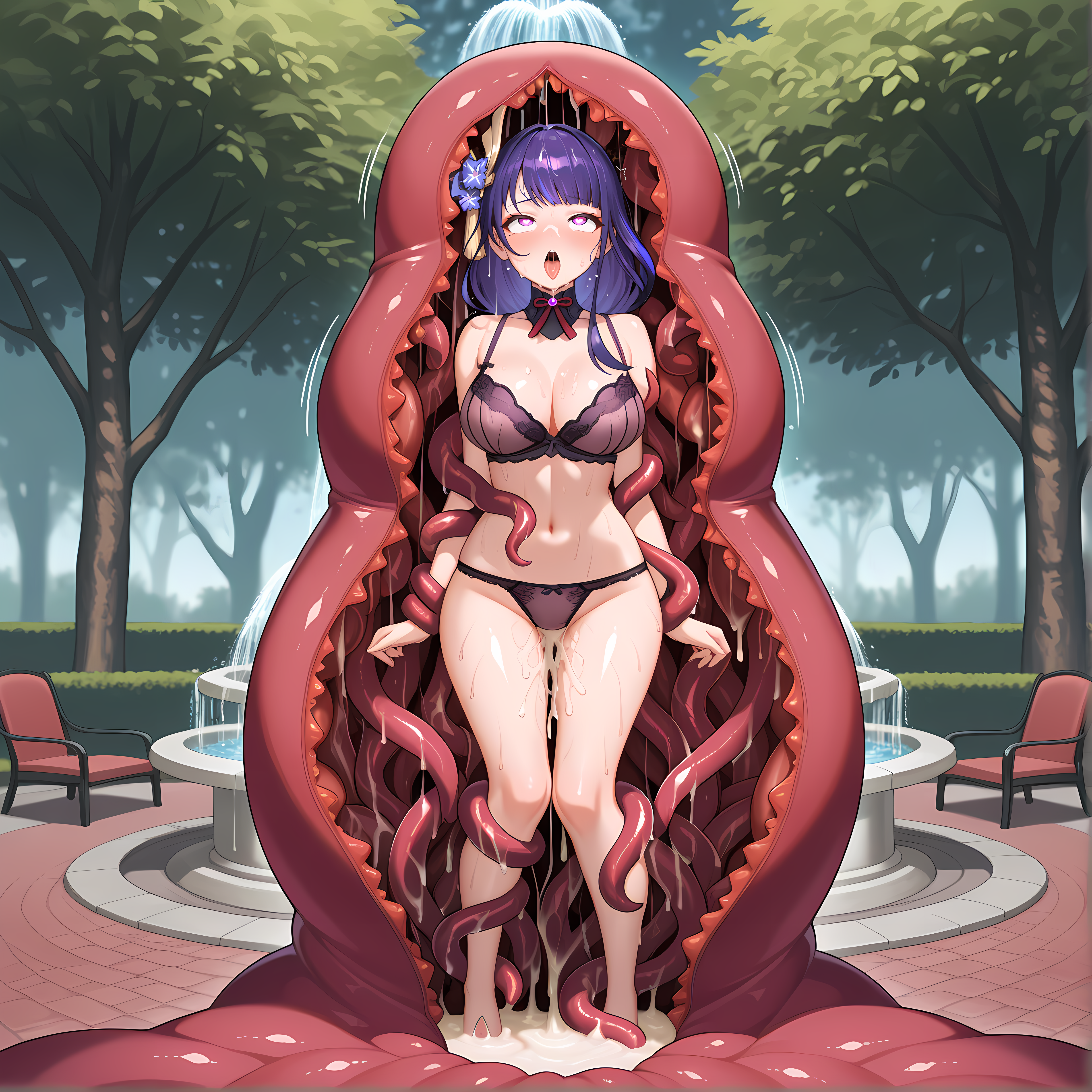 clvaugment,inside creature,sweat,motion lines,sweat,slimy,wet,sweat,underwear only,solo,tentacles,clvaugment,<lora:Vore_Rough_Draft>,raiden shogun,sweat,cum,lingerie,hair,standing,full body,ahegao,heart-shaped pupils,table,park,fountain,tree,panties,tentacles,suggestive fluid,acid,, masterpiece,best quality,amazing quality, very aesthetic, absurdres,detailed eyes,ultra-detailed,