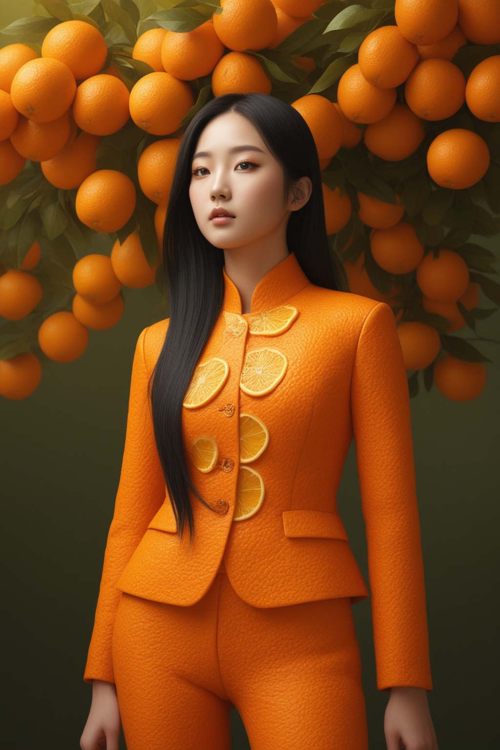 high quality,masterpiece,ultra-high resolution,incredible composition,extremely detailed, <lora:Orange_Peel:0.7>, Draw a young Korean woman wearing a stylish orange peel-inspired outfit. The costume should have creative details like textured fabric resembling citrus peel, leafy accents, and a playful, modern fashion design. She has fair skin, delicate features, and long dark hair. The background is a bright citrus grove or a sunny studio with vibrant colors. Art style: semi-realistic digital illustration with soft shading and lively colors.