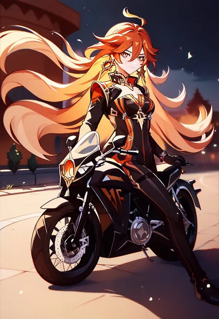 score_9_up, score_8_up, score_7_up, extreamly detailed, beautiful detailed face, complex detailed background, 1girl, BREAK,  MAVUIKA (GENSHIN IMPACT), Motorcycle suit, Motorcycle