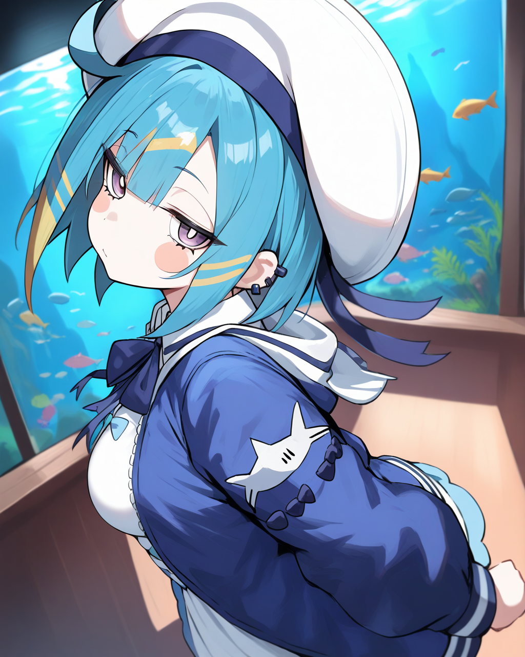1girl,
LiveTwinLil-laYu-Gi-Oh,
sensitive, solo, dynamic angle, from side, chibi,
looking viewer, blush stickers,
dating, 
sailor hat, hat ribbon, 
hooded jacket, neck ribbon, puffy sleeves,
collared dress,
breasts,
aquarium,
depth of field,
<lora:kp_LiveTwinLil-laYu-Gi-OhAnimagineXL_v1_1:1.0>,
masterpiece, high score, great score, absurdres
