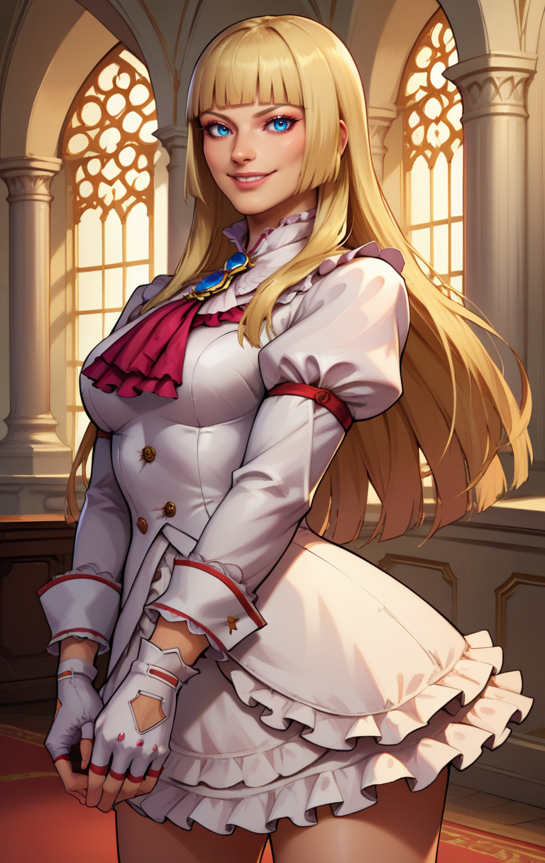 score_9, score_8_up, score_7_up, BREAK,  <lora:emilie:1> emiliederochefortSDXL, 1girl, solo, long hair, smile, blue eyes, blonde hair, room background, gloves, white dress, frills, white gloves, fingerless gloves, white dress, lips, ascot, makeup, frilled dress, hime cut, realistic, cowboy shot, standing pose,