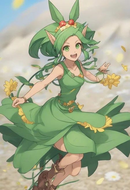 , score_9, score_8_up, score_7_up, source_anime, challua_wf, green hair, green eyes, pointy ears, green dress, tan skin, flower in hair,jumping, ecstatic , dynamic shot, high quality, cowboy shot, perfecteyes, close up, portrait