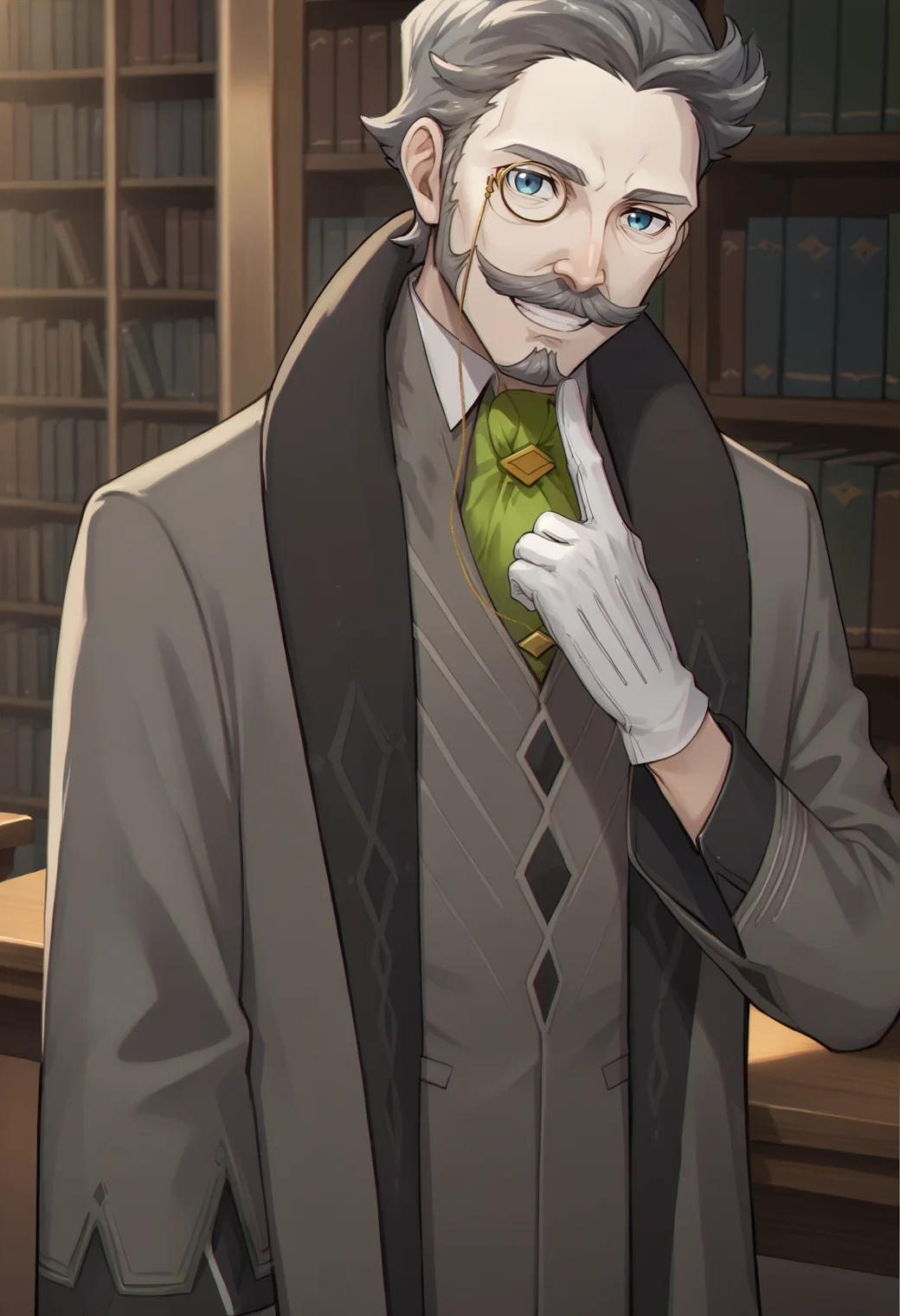 score_9, score_8_up, score_7_up, source_anime, 1boy, looking at viewer, grin, hand up, finger to own chin, <lora:HannemanFE-pdxl:1> hanFE, short hair, grey hair, blue eyes, old man, mustache, goatee, grey jacket, long sleeves, collared shirt, green ascot, coat, white gloves, indoors, library