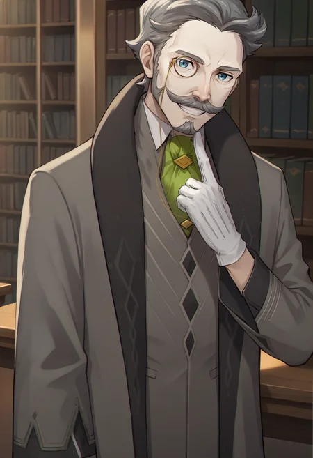 score_9, score_8_up, score_7_up, source_anime, 1boy, looking at viewer, grin, hand up, finger to own chin, <lora:HannemanFE-pdxl:1> hanFE, short hair, grey hair, blue eyes, old man, mustache, goatee, grey jacket, long sleeves, collared shirt, green ascot, coat, white gloves, indoors, library