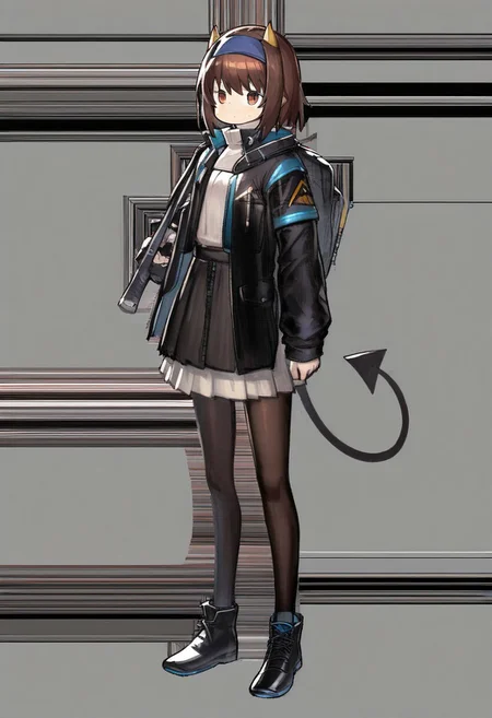 One girl,brown hair,large daemon horn, blue headband,weapon, jacket,round face
pantyhose,, black footwear, daemon tail,jacket
Grey indoor background
peeking out upper body