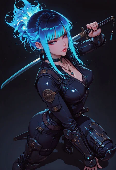 masterpiece, best quality, good quality, very aesthetic, absurdres, newest, 8K, depth of field, focused subject, in the style of cknc, artist:moriimee, in the style of cksc, BREAK side portrait of stunning Chinese woman, long bioluminescent, glowing hair, bangs, sidelocks, choker, necklaces, earrings, medium perky breasts ,skintight jumpsuit, greaves, vambraces, holding a katana in a battle-ready stance, dynamic pose, sexy, seductive, dark background, silhouetted, directional lighting, viewed from above