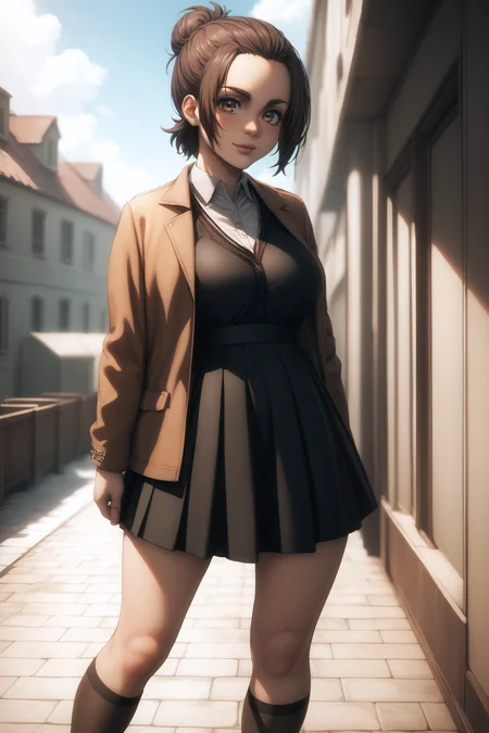 score_9, score_8_up, score_7_up, BREAK source_anime, <lora:gabi braun-PonyXL-lora-Faxtron:0.8> gabi braun, brown eyes, brown hair, single hair bun, breasts, black dress, jacket, loafers,
