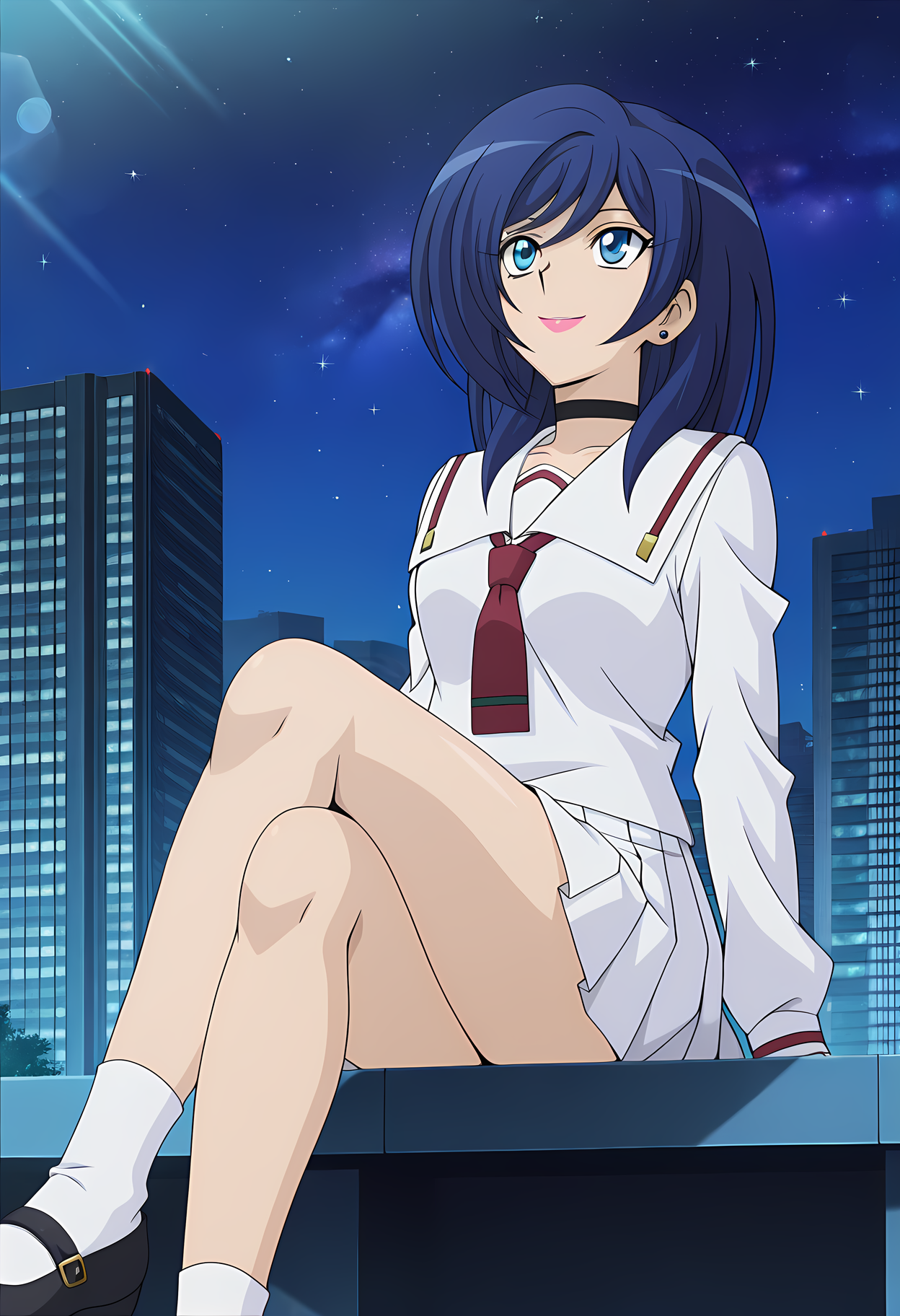 masterpiece,best quality,amazing quality,

1girl, solo, 

Asaka Narumi (Cardfight Vanguard), blue hair, blue eyes, stud earrings, choker, lipstick, school uniform, serafuku, white sailor collar, necktie, long sleeves, pleated skirt, socks, black footwear, mary janes,

looking up, smile,

cinematic, cross legs, crossing legs, 

Outdoors, night, On top skyscraper, galaxy sky,

Lens flare, bloom,

Official style, anime screencap, anime coloring,












