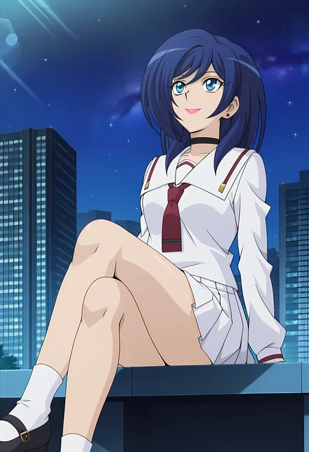 masterpiece,best quality,amazing quality,
1girl, solo,
Asaka Narumi (Cardfight Vanguard), blue hair, blue eyes, stud earrings, choker, lipstick, school uniform, serafuku, white sailor collar, necktie, long sleeves, pleated skirt, socks, black footwear, mary janes,
looking up, smile,
cinematic, cross legs, crossing legs,
Outdoors, night, On top skyscraper, galaxy sky,
Lens flare, bloom,
Official style, anime screencap, anime coloring,