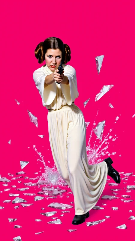 <lora:Carrie_Fisher_Flux:1.2> A dynamic, high-energy scene captures Carrie Fisher as Princess Leia Organa holding a blaster from starwars pointed at viewer in a fierce pose, mid-action as she bursts through a shattered glass surface, shards flying in all directions. Perfect hands. The background is a solid, vivid HotPink, creating a stark, intense contrast with the sharp, reflective fragments of glass. She's a young woman with fair skin and brown hair styled in two large, round buns, dressed in her iconic white, floor-length gown, which features a high neck and long, flowing sleeves. Her body is marked with small cuts from the glass, droplets of blood glistening under the light. Her expression is one of pure fury, his eyes locked onto the viewer as if they are the target of her rage. Her pose is explosive, one leg extended forward as if sheâs leaping through the air, his arms raised defensively or ready to strike. The glass shards around him are frozen in mid-air, their jagged edges catching the light and creating a chaotic, almost surreal effect. The HotPink background amplifies the intensity of the moment, evoking a sense of danger and raw emotion. The atmosphere is charged with adrenaline, the aftermath of his violent breakthrough palpable in every detail. The image feels as if itâs happening directly in front of the viewer, Carrie Fisher as Princess Leia Organaâs momentum and the flying glass creating a sense of immediacy and immersion. Itâs a moment of chaos and power, a snapshot of rage and determination frozen in time. The combination of the HotPink backdrop, the sharp glass, and Carrie Fisher as Princess Leia Organaâs fierce expression makes for a visually striking and emotionally charged composition. She goes forward, driven by duty and the promise of glory.
