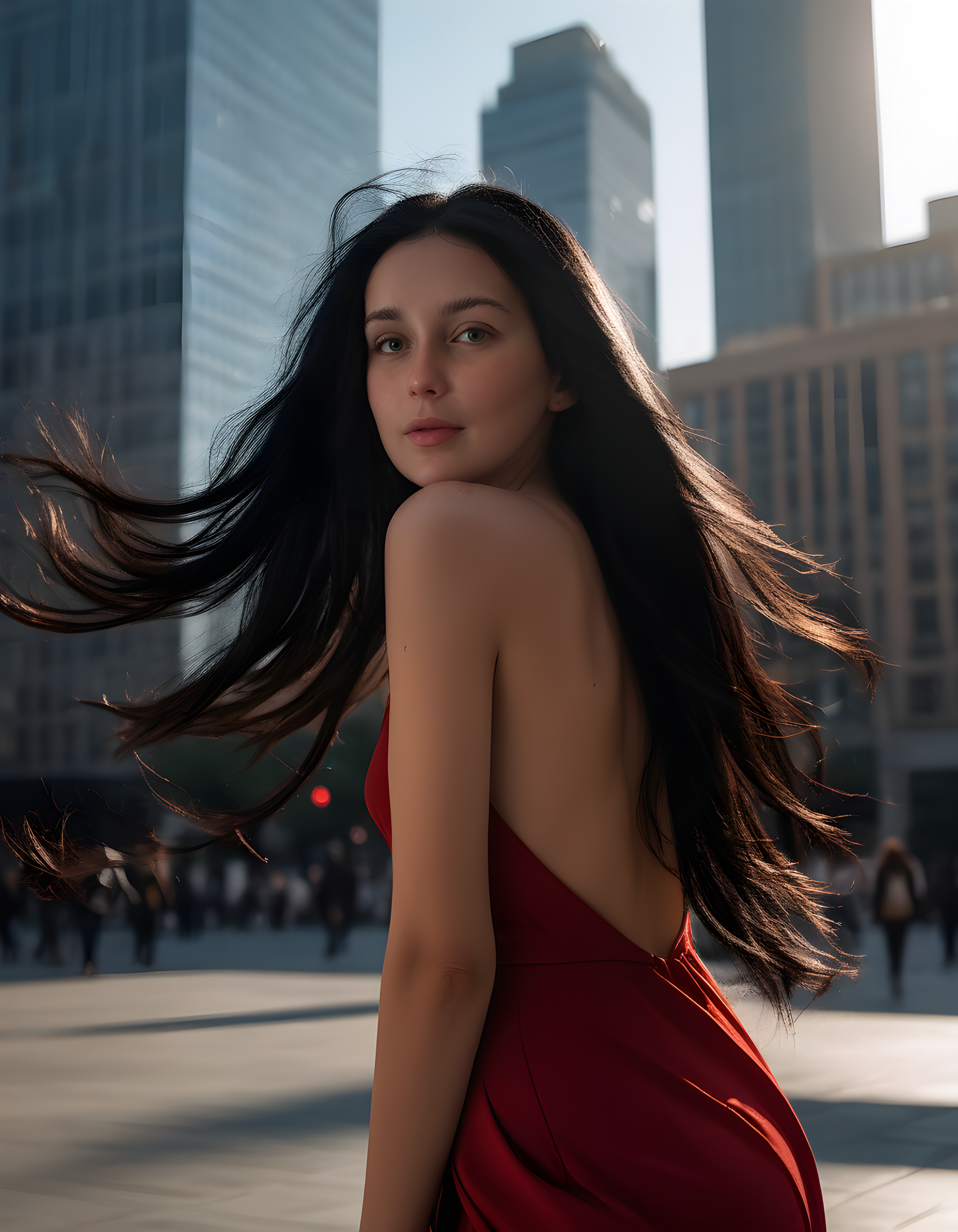 In the heart of a bustling city square, under the warm embrace of the afternoon sun filtering through towering skyscrapers, K3RRYC, a woman with raven-black hair cascading down her back and a striking mole on her left cheek, stands tall and confident. Her gaze is locked onto the viewer, her deep black eyes reflecting an air of mystery and intrigue. She wears a vibrant red dress that contrasts beautifully against the urban landscape, the fabric flowing gently in the soft breeze. The strands of her long hair dance around her shoulders like tendrils of shadows, while the corners of her lips curve slightly into a subtle, enigmatic smile. Behind her, the city hums with life, its energy palpable even from this distance, creating an intriguing juxtaposition between the serene stillness of K3RRYC and the dynamic urban environment that surrounds her. The camera captures her from a slightly elevated angle, allowing for a sweeping view of both the subject and her urban backdrop.