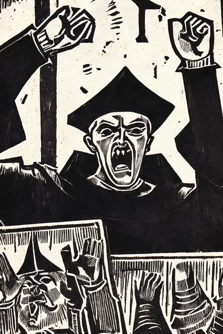drckgrfk style block print, close-up, medieval monk wearing a hood protesting the rise of the printing press, fist raised, an angry mob holding up books, shouting, furious, <lora:dreamlookai_stable-diffusion-v1-5_step_2200_b53ad249_lora [drckgrfk style]:1>, high contrast