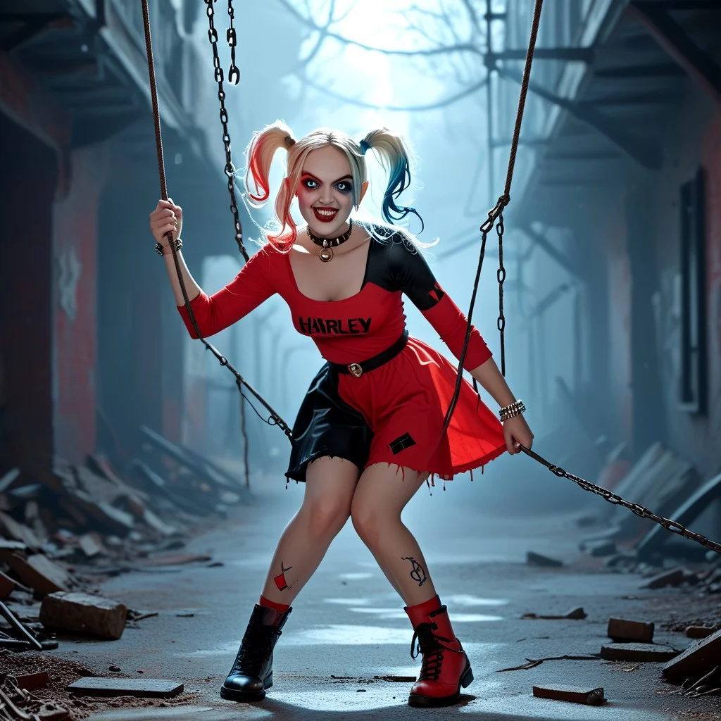 score_9, score_8_up, score_7_up anime Harley Quinn, now the ghostly warden of an abandoned amusement park, prowled the twisted, rusted rides under the pale moonlight. Her bat, splattered with a chilling mix of red and black, dragged along the cracked concrete, leaving a trail of eerie echoes. The air was thick with the scent of decay and forgotten laughter. Harley’s playful giggles morphed into unsettling whispers as she prepared for a night of sinister fun. Luring unsuspecting thrill-seekers into her haunted domain, she was set on playing a deadly game of tag. With every swing of her bat, the spirits of the park wailed in delight, their cries mingling with Harley's maniacal laughter. 'Step right up,' she cooed to the shadows, 'and let’s see who can survive the ride.'"