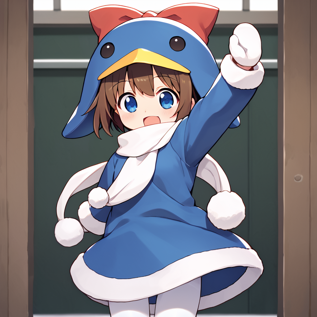 score_9, score_8_up, score_7_up, BREAK source_anime, best quality, masterpiece, 1girl, <lora:ecoco_pony:1> ecoco, brown hair, short hair, blue eyes, hat, animal hat, red bow, winter clothes, , long sleeves, white scarf, white pantyhose, mittens, cowboy shot