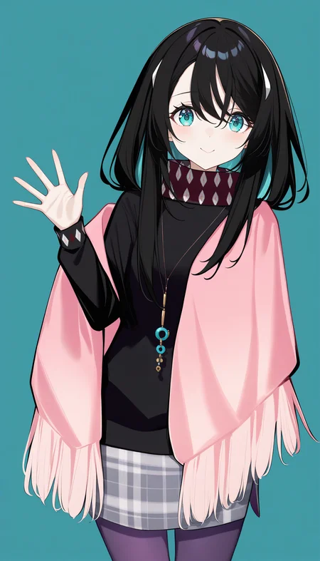 1girl,
inori,mo8,(azuuru:1.1),(torino aqua:1.2),(azuuru:1.1),kedama milk,fuzichoco,ask \(askzy\),chen bin,atdan,hito,mignon,
hairclip,black sweater,necklace,plaid pencil skirt,pink shawl, white background,simple background,upper body,solo,very long black hair,purple pantyhose,waving,looking at viewer,
masterpiece,best quality,newest,absurdres,safe,<lora:Fixhands_anime_bdsqlsz_V1:1>,<lora:inori8:1>,