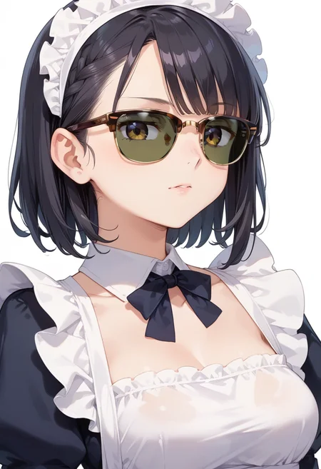 score_9, score_8_up, score_7_up, rating_safe, masterpiece, best quality, absurdres, unity 8k wallpaper, official art, official style, source_anime, uncensored, game cg, megami magazine,
1girl, solo, black hair, medium hair, upper body, covered eyes,maid, maid headdress, black dress, maid apron, face focus,
sirmont, sunglasses, white background, simple background, reflection, glasses, english text, brown-framed eyewear, yellow-framed eyewear, two-tone eyewear, darkgreen-tinted eyewear, covered eyes,
<lora:glasses_clubmaster_PONY_V1:1>