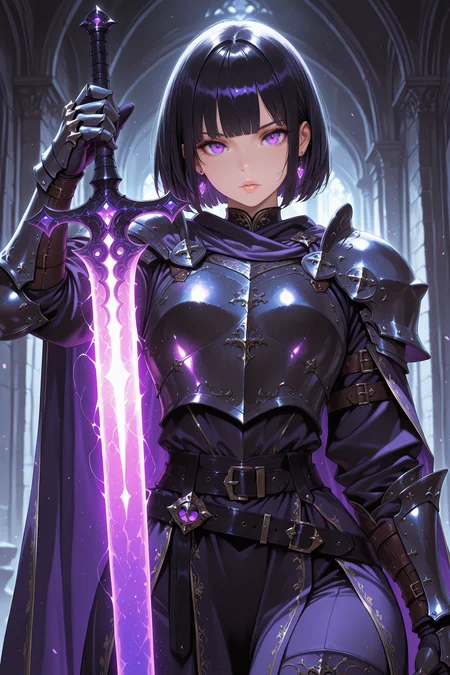 masterpiece, best quality, 1girl, weapon, sword, armor, black hair, holding, purple eyes, looking at viewer, cape, holding weapon, holding sword, belt, shoulder armor, earrings, bangs, gauntlets, gloves, lips, glowing weapon, short hair, blunt bangs, glowing, glowing sword, breastplate, pauldrons, oli, <lora:Oliv2b:1>