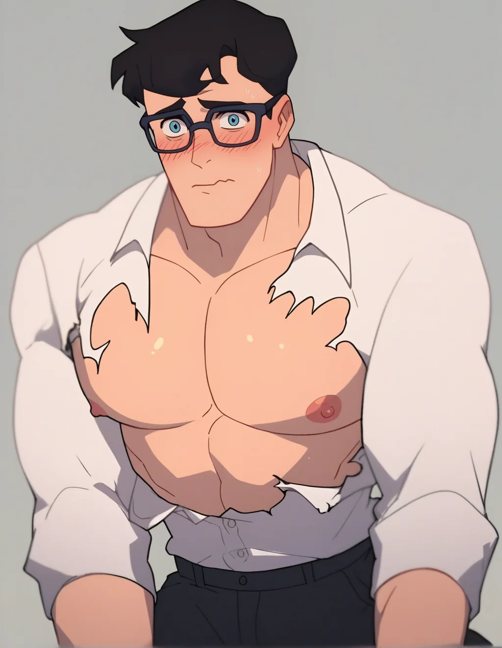 score_9, score_8_up, score_7_up, r <lora:Clark_Kent:1>, superman+, male focus, 1boy, simple background, glasses, black hair, white shirt, collared shirt, large pectorals, embarrassed, blush, muscular male, torn clothes, nipples, black pants, cowboy shot, looking at viewer, shiny skin,