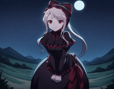 score_9, score_8_up, score_7_up, source_anime,
shalltear, <lora:shalltear-bloodfallen-s1s2-ponyxl-lora-nochekaiser:1>,
shalltear, grey hair, long hair, red eyes, silver hair,
black dress, bonnet, bow, dress, frilled dress, frills, large bow, long sleeves, vampire,
outdoors, landscape, night, moon, starry sky, smile, bent over,
looking at viewer, cowboy shot, solo, dutch angle,