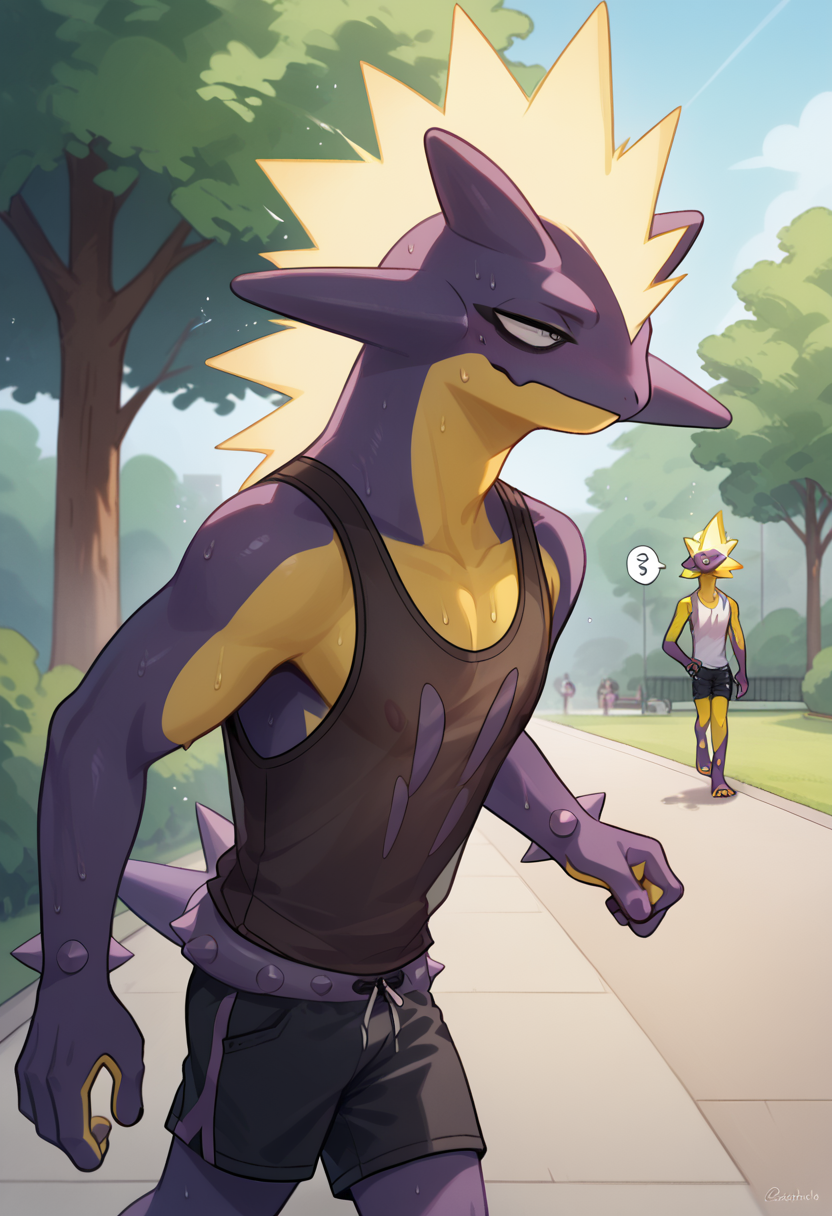 score_9, score_8_up, score_7_up,
((best quality)), absurdres,
<lora:AToxtricityPXL:1> AToxtricityPXL, slim figure, anthro, male, 1boy,
park, jogging, in motion,  tank top, short shorts, translucent topwear, sweat, outdoors, half body portrait,
<lora:Smooth Anime Style LoRA XL:0.7> Smooth, Anime, <lora:Expressive_H:1> Expressiveh,
